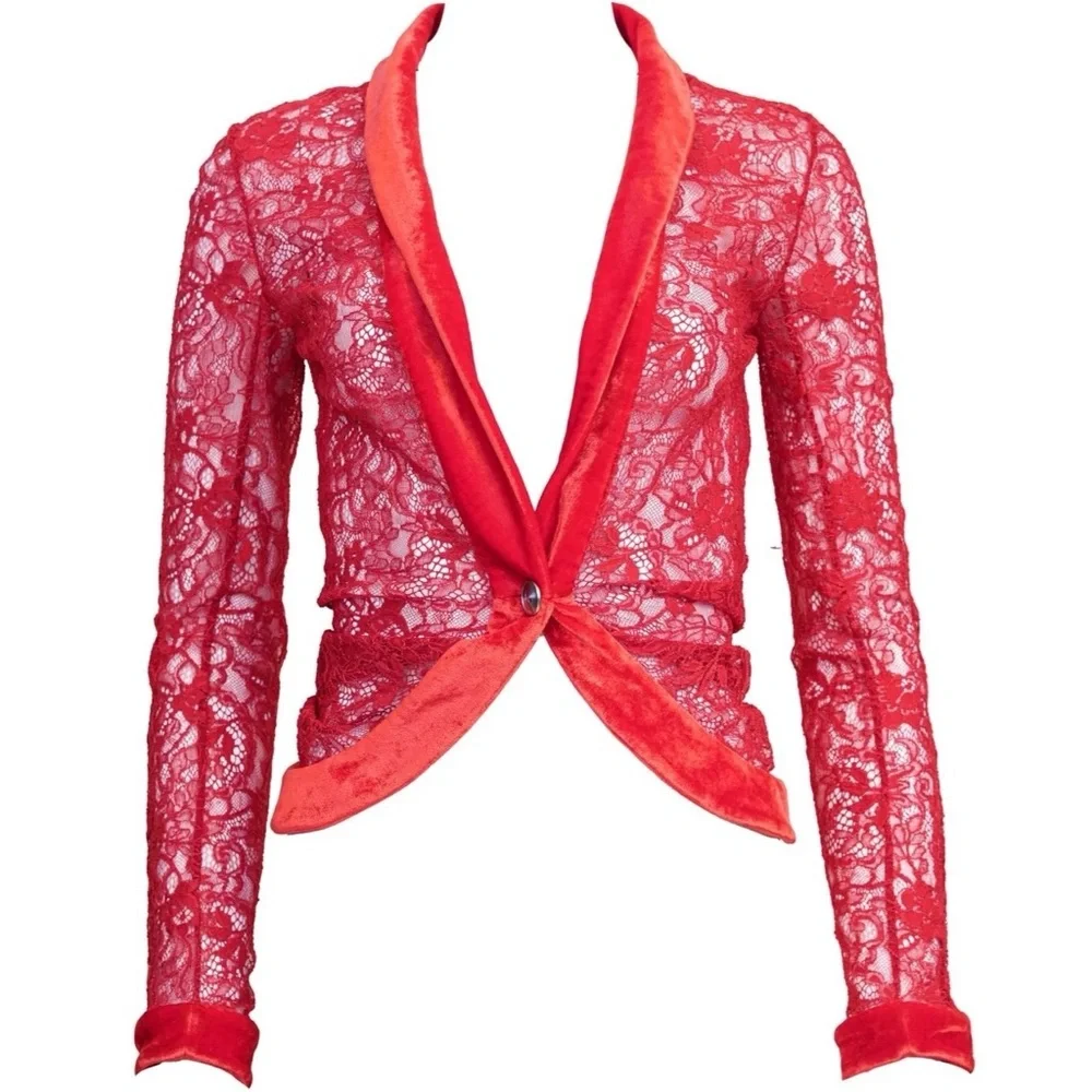 Christian Dior F/W 2003 Red Lace Jacket Top with Velvet Trim